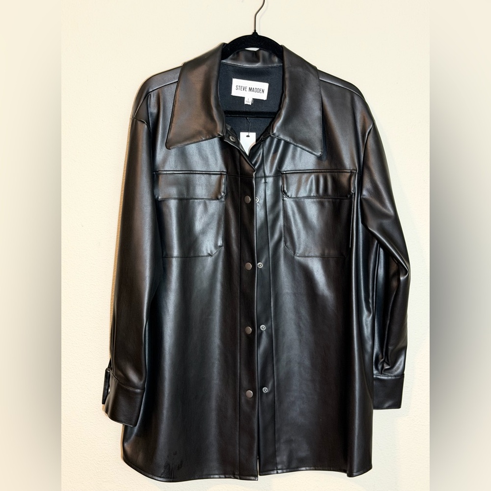 Steve Madden Black Faux Leather Button-Front Jacket